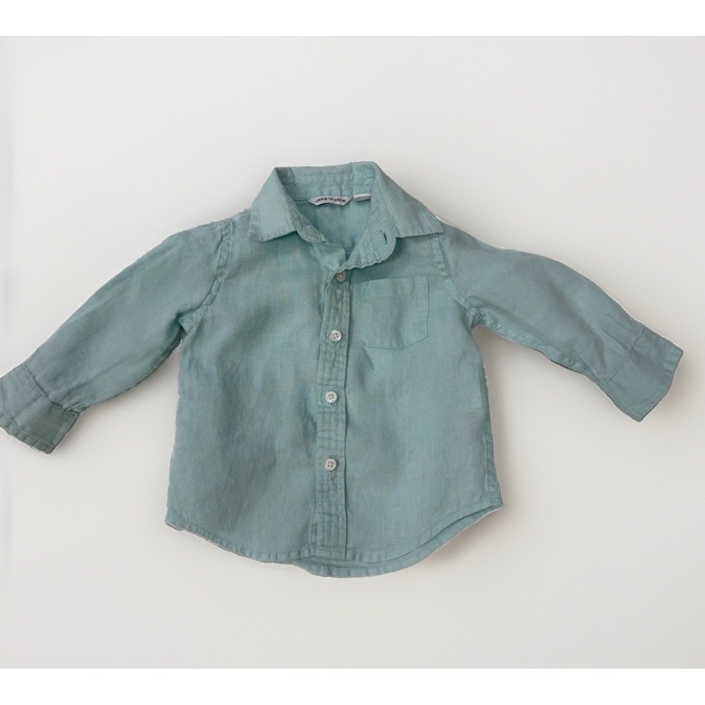 Janie and Jack Baby Shirt Boys 100% Linen 6-12 Months Classic Teal Pocket Preppy